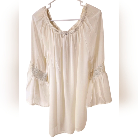 Sheer Cream Tunic Blouse Flowy Bell Sleeves w/ Lace Sz One Size - Picture 4 of 4